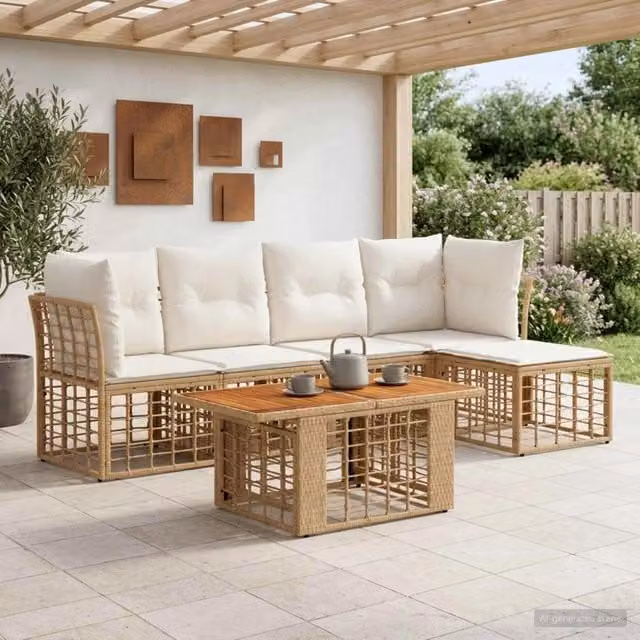 Set Divano da Giardino 6 pz Naturale e Bianco Crema polyrattan 3437860
