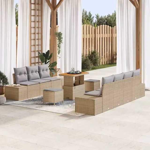Set Divano da Giardino Moderno vidaXL in Polyrattan e Legno di Acacia Beige 10 Pezzi – 1
