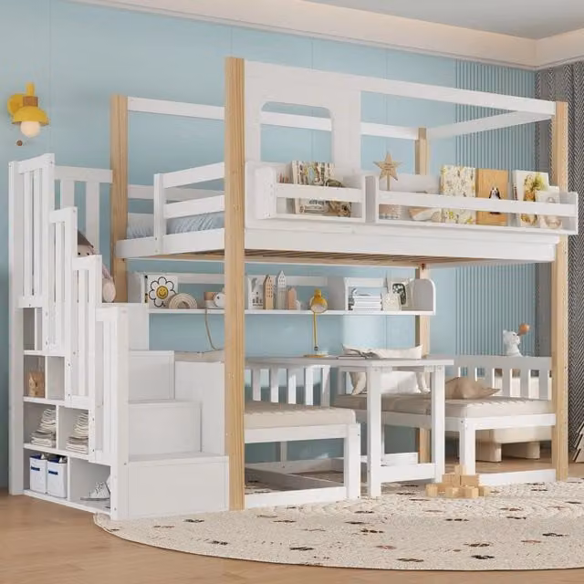 Letto a soppalco per bambini 90 × 200 cm con tavolo pieghevole, scala contenitore e sponde di sicurezza, senza materasso, bianco naturale