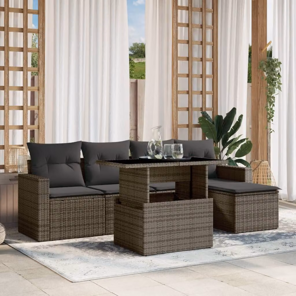 vidaXL Set Divano da Giardino a L 6 pz con Cuscini Grigio in Polyrattan e Struttura in Acciaio – 1