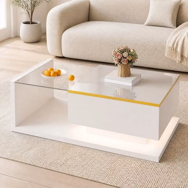 Tavolino da salotto 90x50x32,5 cm bianco lucido con LED 16 colori, vetro temperato e vani