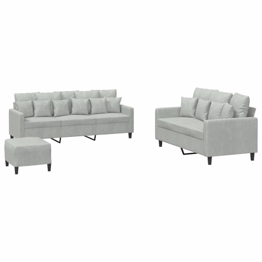 Set di Divani 3 pz con Cuscini Grigio Chiaro in Velluto