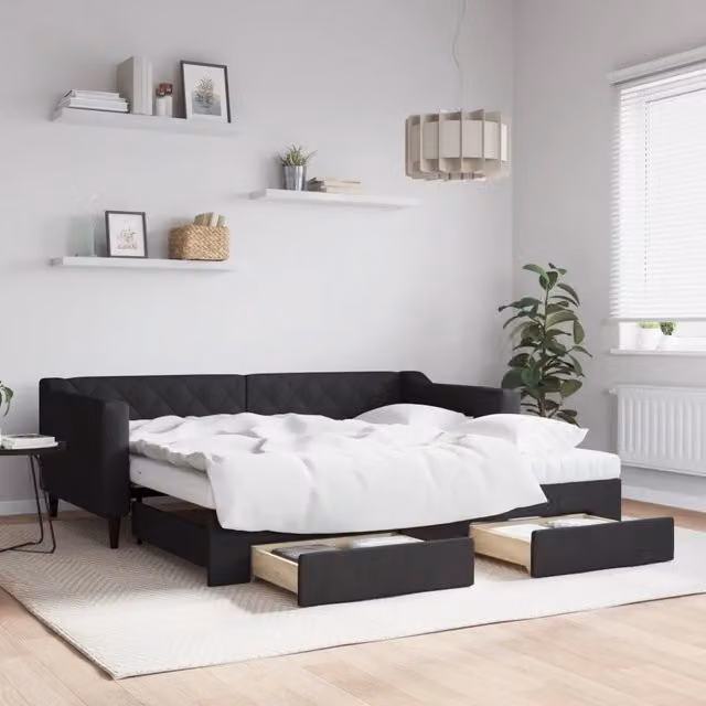 Divano Letto Estraibile con Cassetti vidaXL in Tessuto Nero per Soggiorno e Camera da Letto L/P: 90 x 190 cm – 1