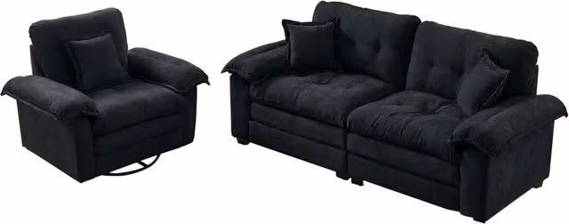 Set 2 divani in chenille: poltrona singola e divano a due posti con imbottitura doppia e cuscini decorativi, ideale per soggiorno, ufficio o lounge