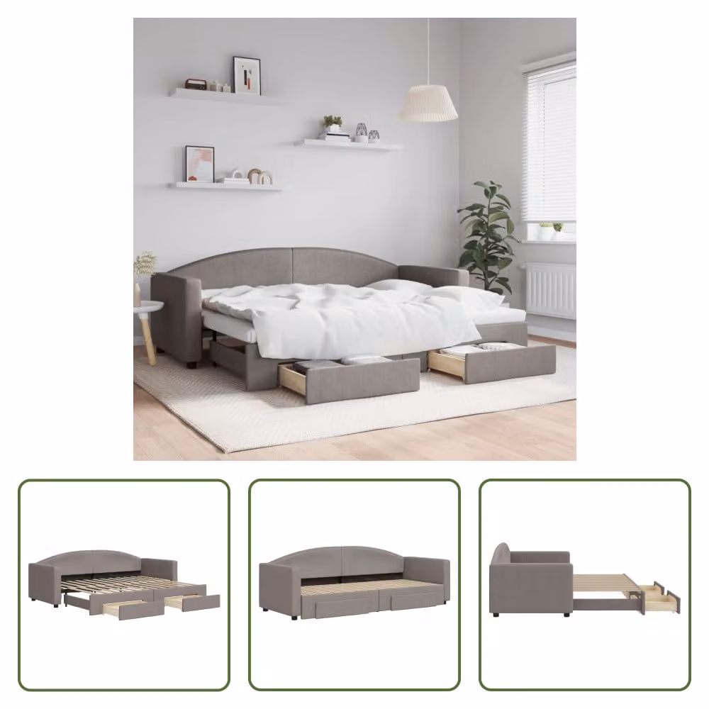 The Living Store Letto allungabile con cassetti Taupe 80x200 cm tessuto