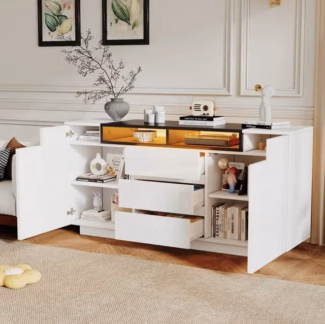 Credenza moderna per soggiorno bianca e nera con finitura lucida e illuminazione a LED integrata L/P/H: 168 x 40 x 51 cm
