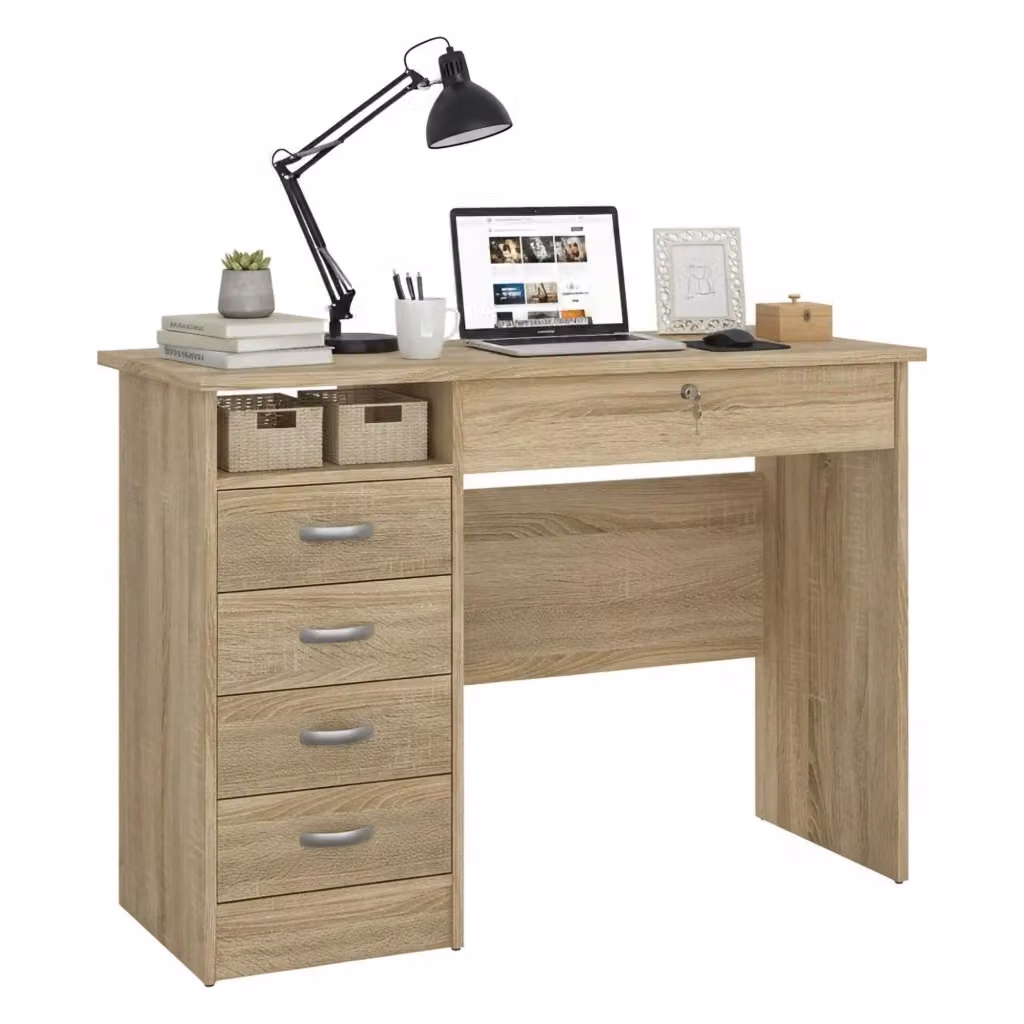 Scrivania Amor DMORA con 4 cassetti, colore marrone quercia, L: 109.3 cm, P: 48.5 cm, H: 75.6 cm – 2