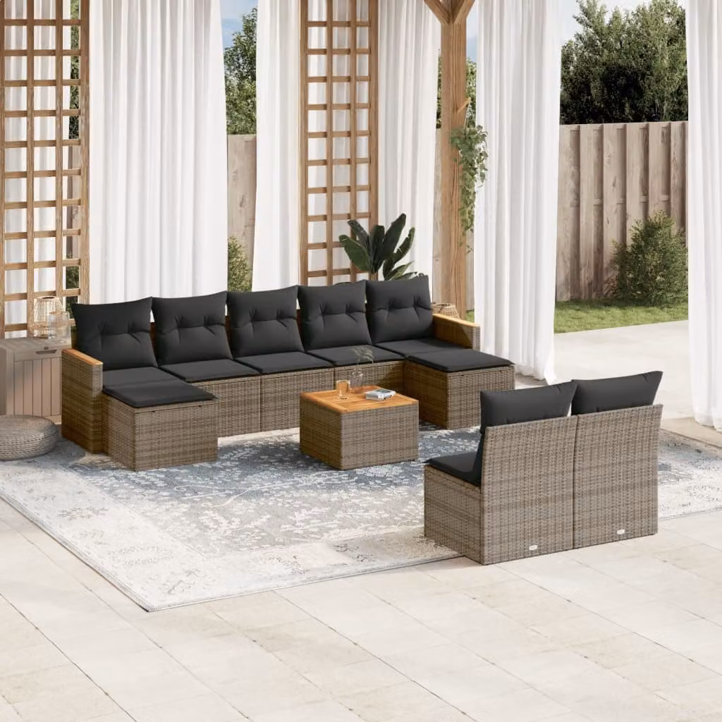 Set Divano da Giardino vidaXL 10 pz in Polyrattan Grigio con Cuscini e Tavolino da Esterno – 1