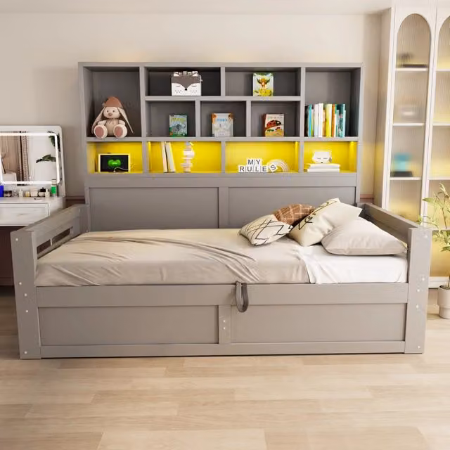 Letto singolo 90x200 cm multifunzione con contenitore; LED e prese integrate; grigio in MDF