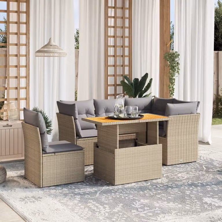 Set Divano da Giardino a L vidaXL con Cuscini Beige e Tavolino, Design Moderno in Polyrattan e Legno di Acacia