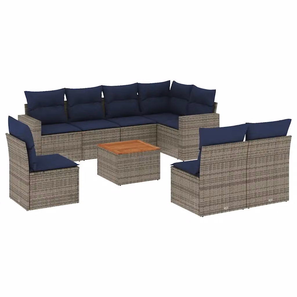 vidaXL Set Divani da Giardino 9 pz in Polyrattan con Cuscini Blu e Grigio e Tavolino da Esterno – 2