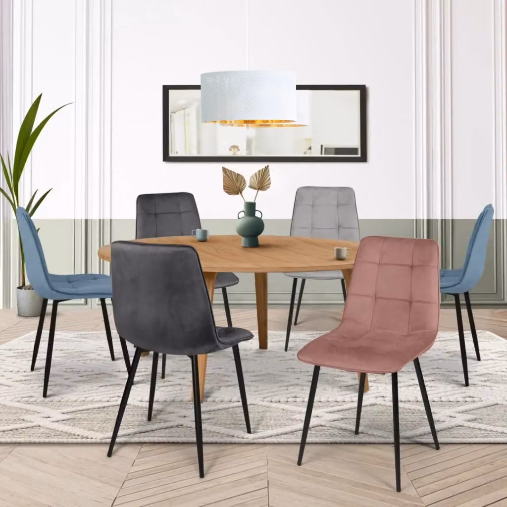 Set di 6 sedie in velluto MILA IDMarket per sala da pranzo e cucina, colori blu pastello, grigio scuro, grigio chiaro e rosa – 2