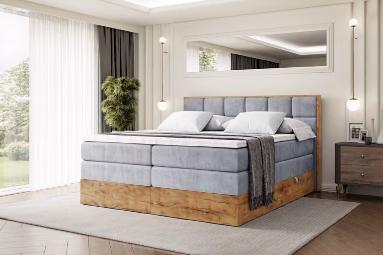Letto boxspring ALTDECOR con materasso e rete a doghe, topper, letto imbottito con contenitore, letto con vano portaoggetti, materassi H3 e H4, letto matrimoniale, letto boxspring - LOLLI2 KING - 180x200 - Grigio Casablanca