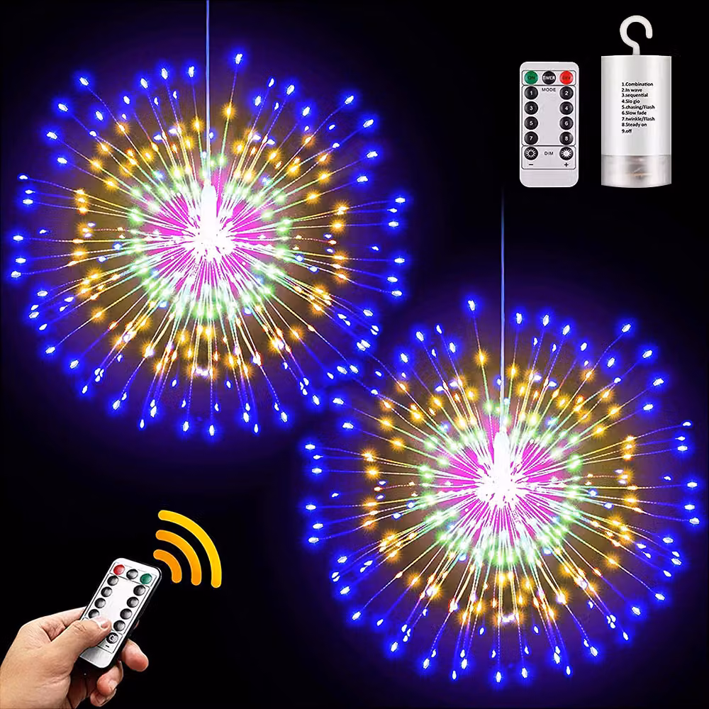 2 pezzi fuochi d'artificio luci colorate, 200LEDs luci di Natale dimmerabile telecomando, a batteria 8 modalità