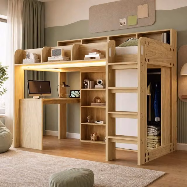 Letto a soppalco 90x200 cm con scrivania, armadio, LED e prese HAVRYA