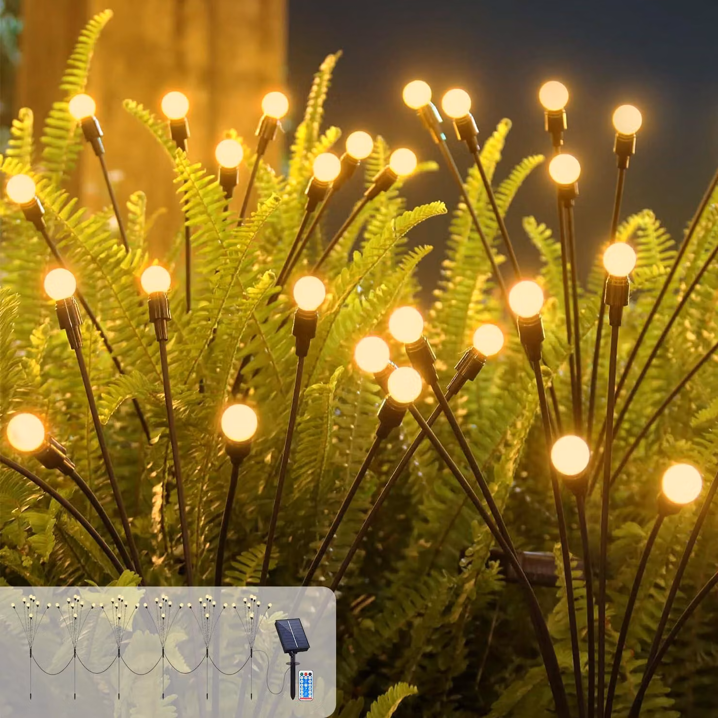 Catena luminosa a energia solare con luci a forma di lucciole, 6 luci, 48 LED, 8 modalità, con telecomando