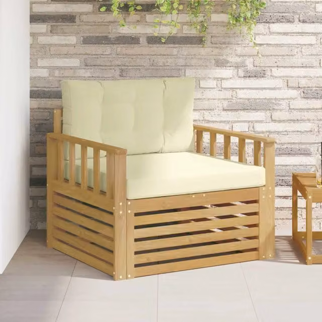Divano da giardino moderno in legno di acacia laccato con rivestimento in poliestere bianco e beige