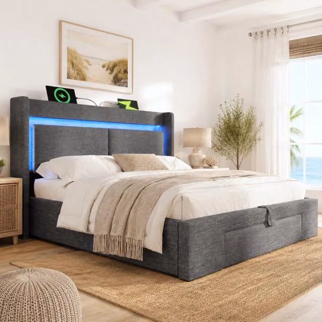 Letto imbottito 180x200 cm grigio con spazio di archiviazione idraulico, testiera con scomparto, luci LED e porte USB/USB-C, struttura in legno e metallo senza materasso