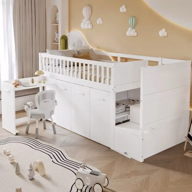 Letto a castello ULEVR 90x200 cm con scrivania estraibile, armadi e vani contenitore, bianco