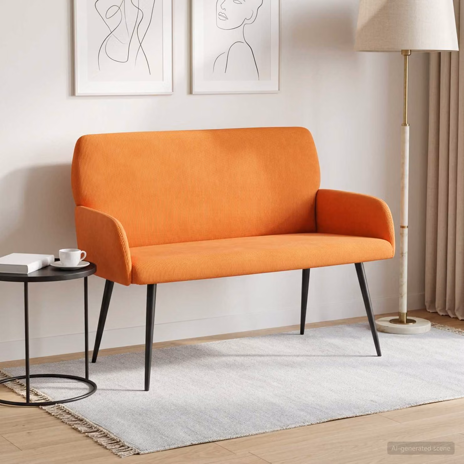 Divano 2 posti moderno vidaXL arancione con gambe in metallo e struttura in legno e tessuto