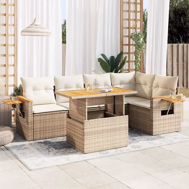 Set Divano da Giardino 6 pz con Cuscini Beige Polyrattan Acacia 3327600