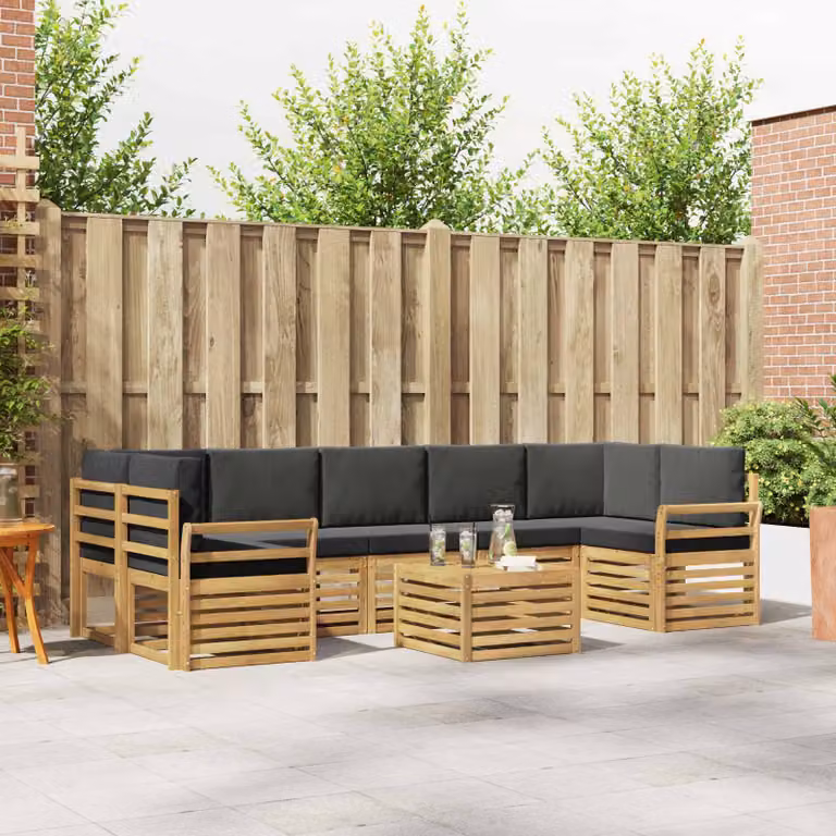 vidaXL Set di divani da esterno a L composto da 8 pezzi con tavolino, in legno di acacia e tessuto resistente ai raggi UV, Bianco e Antracite