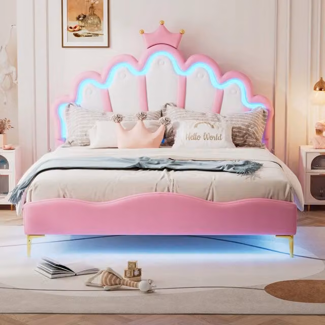Letto 140x200 rosa con corona e LED - Xylo - Senza materasso
