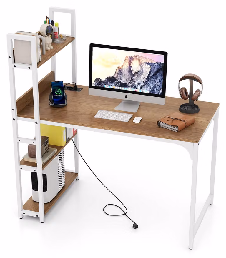 Scrivania COSTWAY con stazione di ricarica, scrivania per computer con libreria e struttura in metallo, scrivania da ufficio in legno con prese USB e di corrente, scrivania per PC, stile naturale