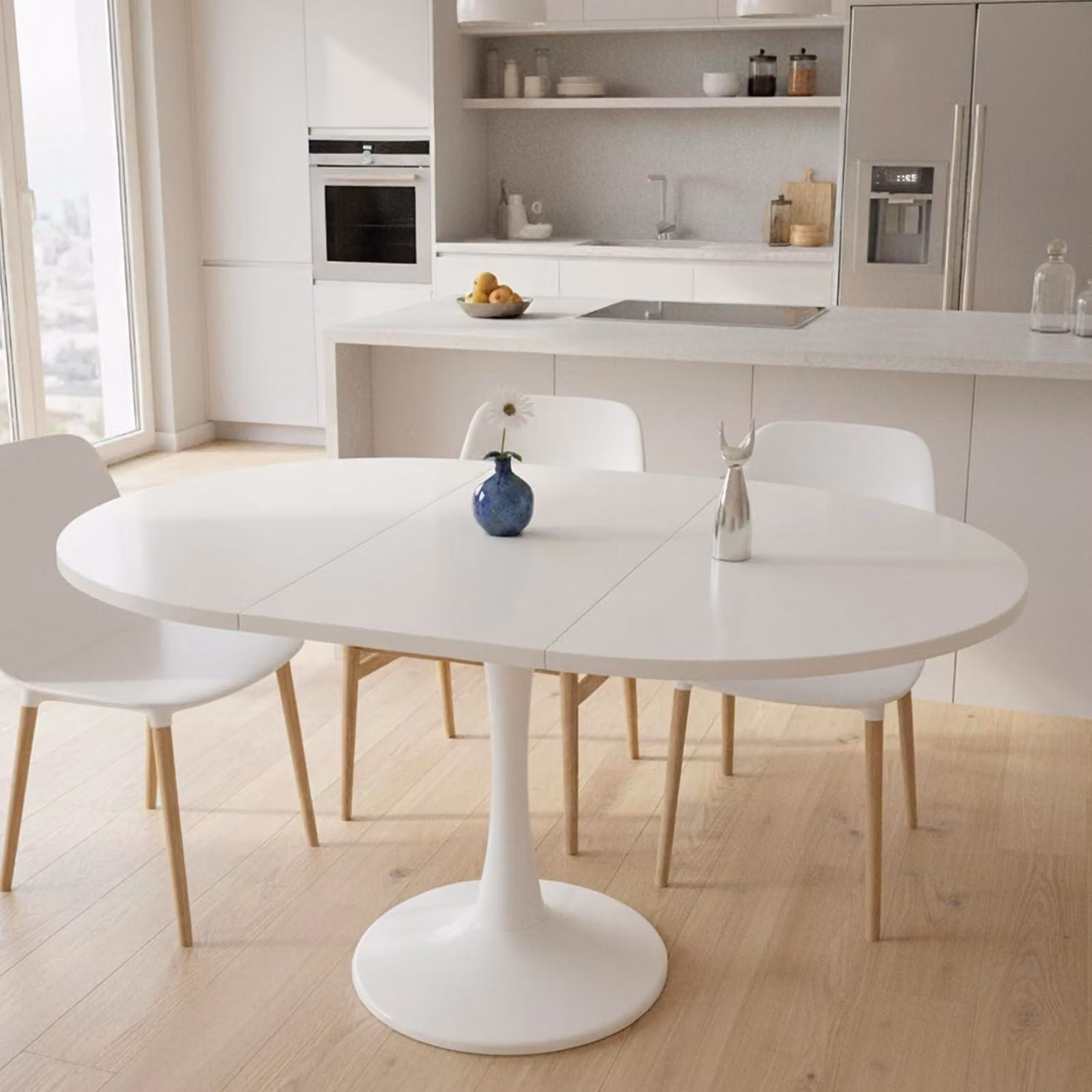 Tavolo da pranzo allungabile, forma ovale, bianco, dimensioni 100/140x100x75 cm, per 2-6 persone