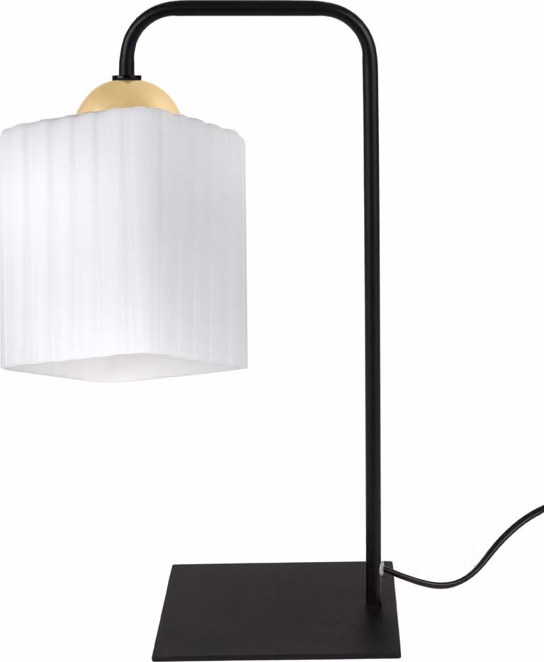 Lampada da comodino Riffle nera e dorata a 1 luce con paralume cubico bianco E27: elegante lampada per la camera da letto