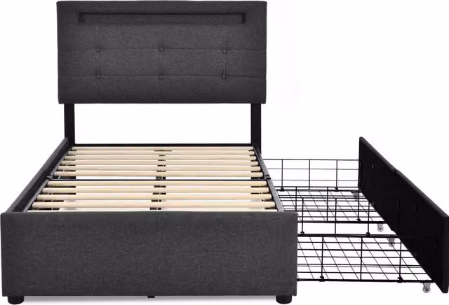 Letto singolo imbottito grigio 90x200 cm con testiera regolabile, LED integrata e 2 cassetti, struttura senza materasso