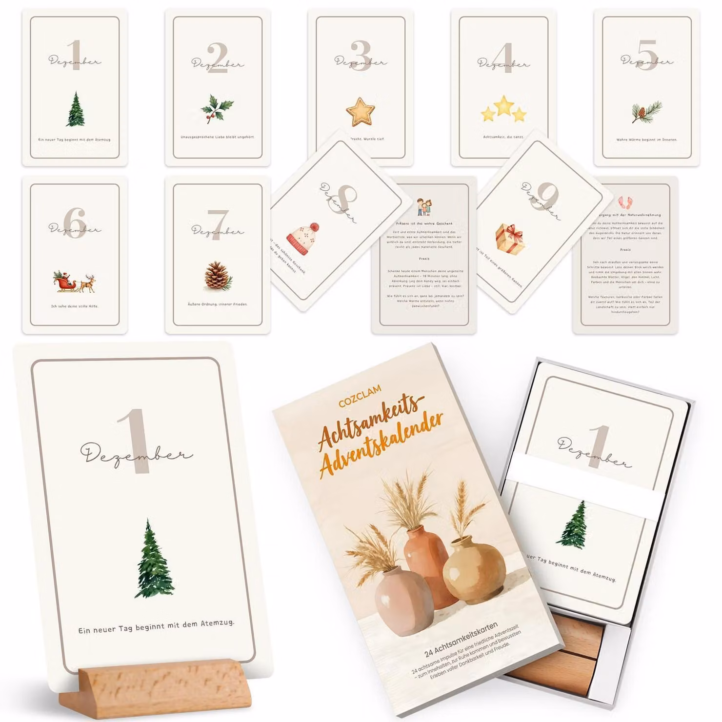 Calendario dell'Avvento per adulti, con 24 carte di affermazioni positive, supporto in legno, dimensioni 15x10 cm