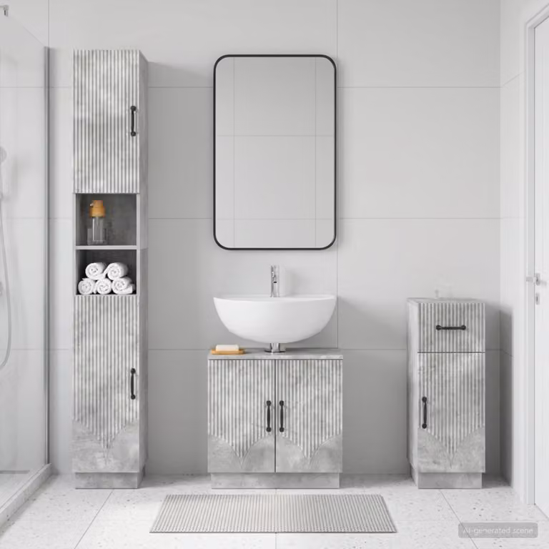 Set di armadietti da bagno 3 pezzi vidaXL HOORN in MDF Grigio Cemento con mobile lavabo, colonna alta e mobile laterale, design moderno a parete