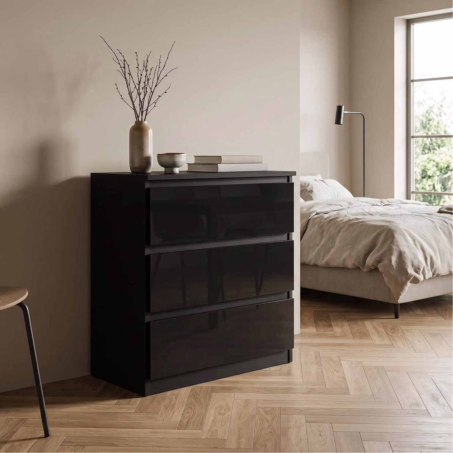 Comodà Masseno NUDO da 70 cm con 3 cassetti e ante, per soggiorno e camera da letto, stile moderno, 70x39x78,5 cm, nero / nero