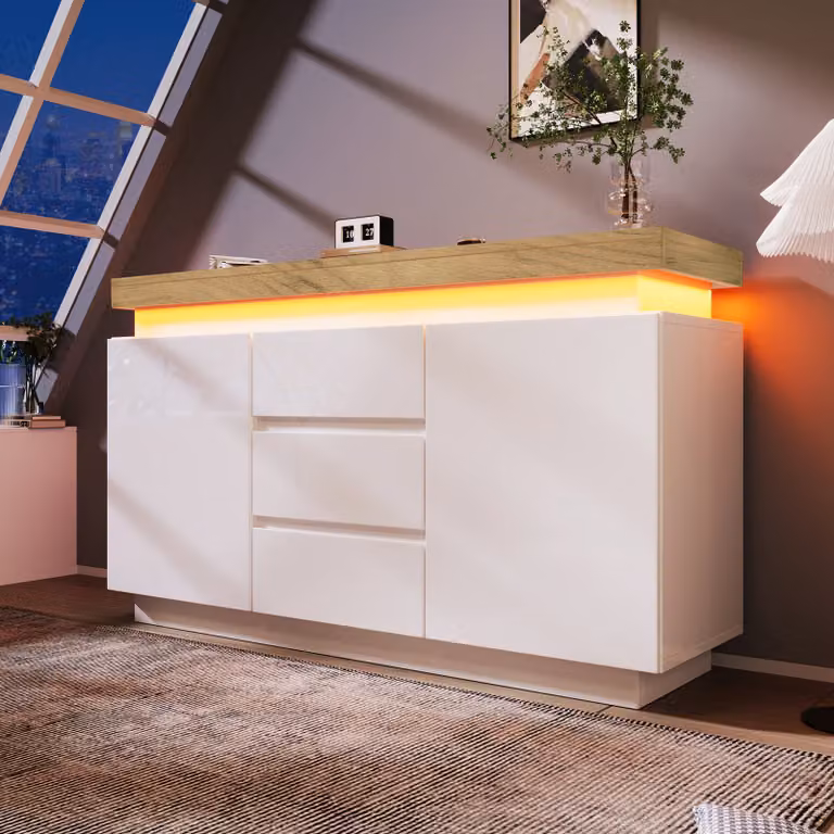 Flieks credenza a cassetti con LED, mobile da soggiorno con 3 cassetti e 2 ante, cassettiera con ripiano regolabile, bianco