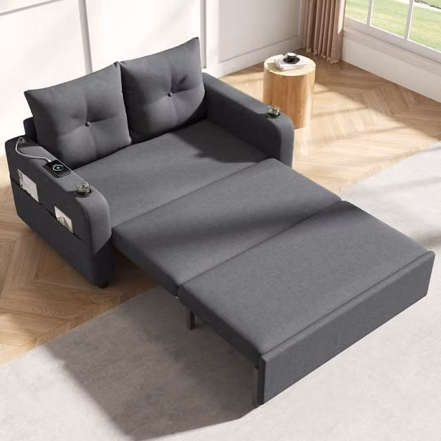 Divano letto MIVRAY 3 in 1 grigio in tessuto con porte USB e Type-C e 2 portabevande laterali L: 131 cm, P: 94 cm, H: 81 cm – 1