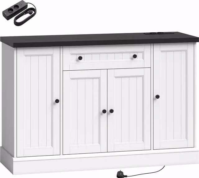 Credenza HOMCOM con Stazione di Ricarica, 4 Ante, Cassetto e Ripiani, Bianco e Nero, L: 120 cm, P: 37,7 cm, H: 40 cm – 1