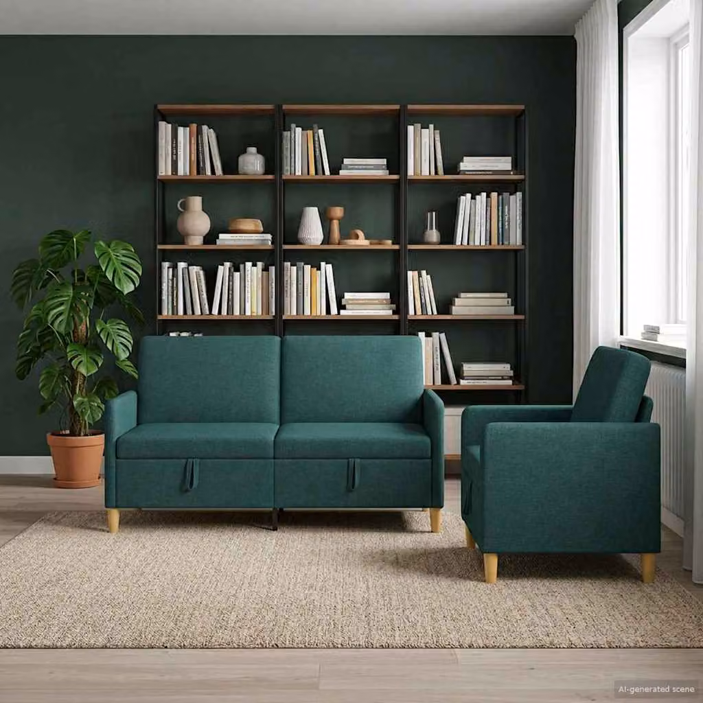 Set di divani moderni vidaXL composto da divano a 3 posti, divano a 2 posti e poltrona in tessuto verde e marrone con seduta sollevabile e coperture rimovibili