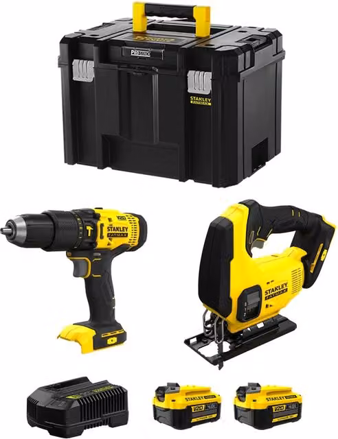 Kit Stanley FatMax SVK205 Giallo con Avvitatore SFMCD711, Seghetto SFMCS600, 2 Batterie da 4,0 Ah, Caricabatteria e Bauletto TSTAK VI