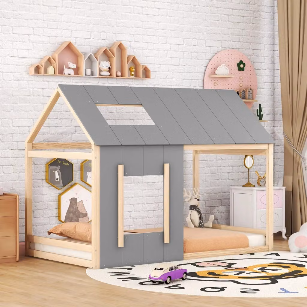 Letto a casetta per bambini Chicfurn in legno e MDF, colore beige e grigio, L/P/H: 90 x 200 x 150 cm – 2