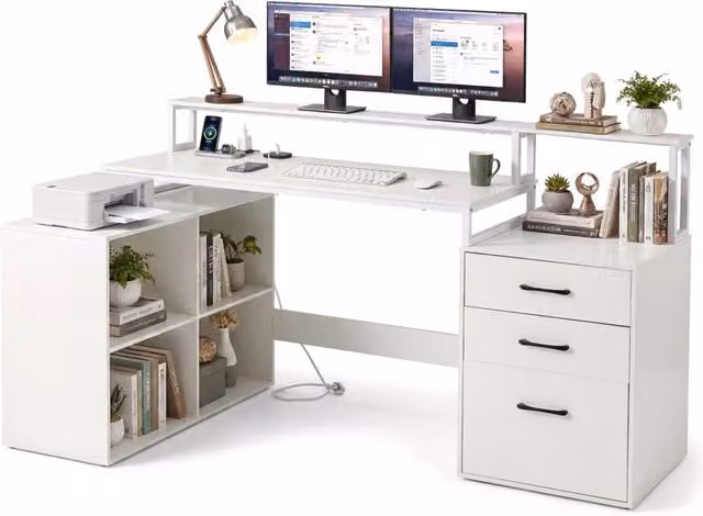 Scrivania angolo L prese alimentazione ufficio domestico, Scrivania cassetto documenti supporti stampante monitor cubi Bianco