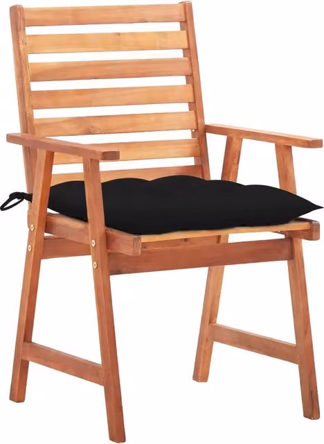 Set di 3 sedie da esterno in legno di acacia con cuscini neri e braccioli per giardino e terrazza