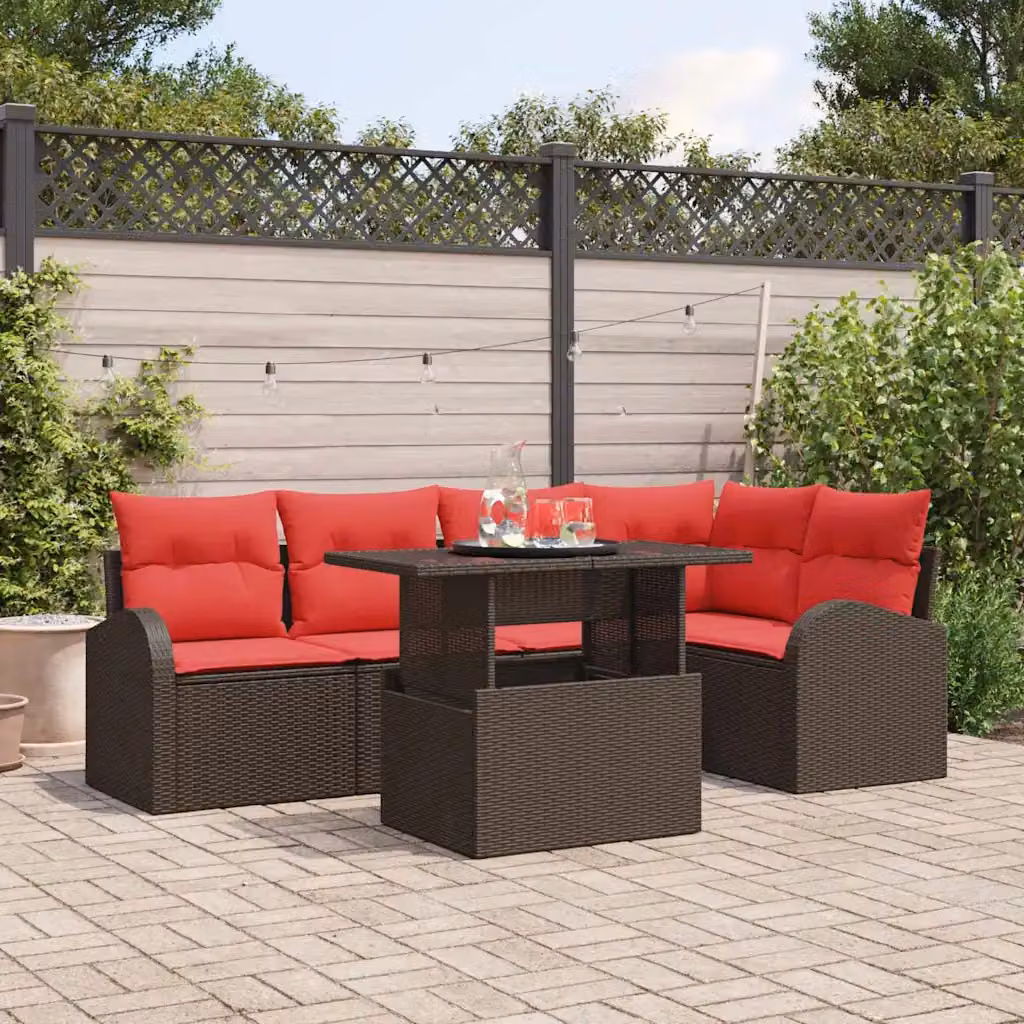 Set Divano da Giardino vidaXL 6 Pezzi con Tavolino e Cuscini, Design Moderno a L, Marrone e Rosso