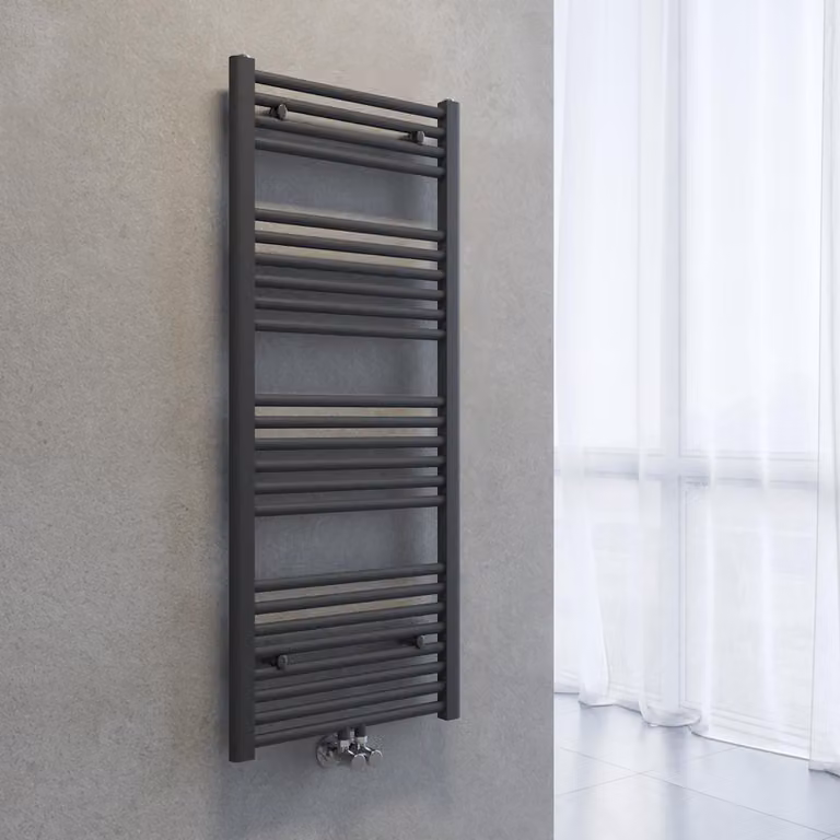 Radiatore asciuga-asciugamani SONNI, dimensioni 1200 x 500 mm, colore grigio antracite, riscaldamento ad acqua calda, senza resistenza elettrica