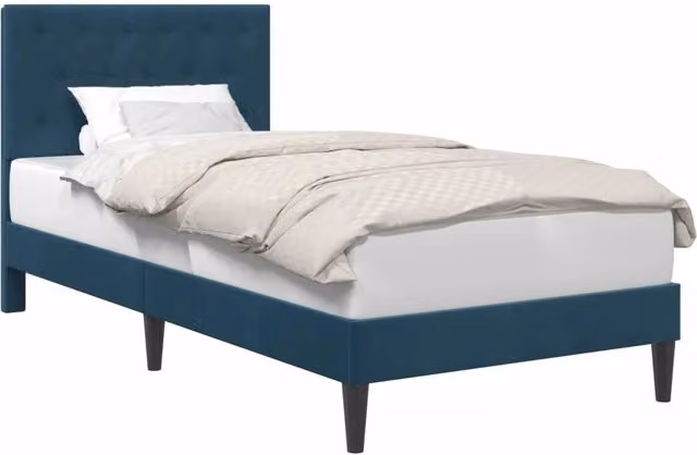 Letto singolo moderno con testiera imbottita in velluto blu, L/P/H: 90 x 140 x 202 cm – 1