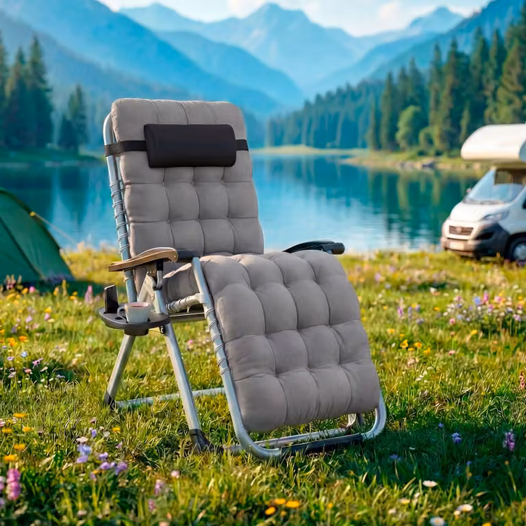 Sdraio Cloud TecTake pieghevole con poggiatesta regolabile e vassoio laterale, grigio, in textilene e acciaio verniciato a polvere, L: 200 cm, P: 103 cm, H: 76 cm