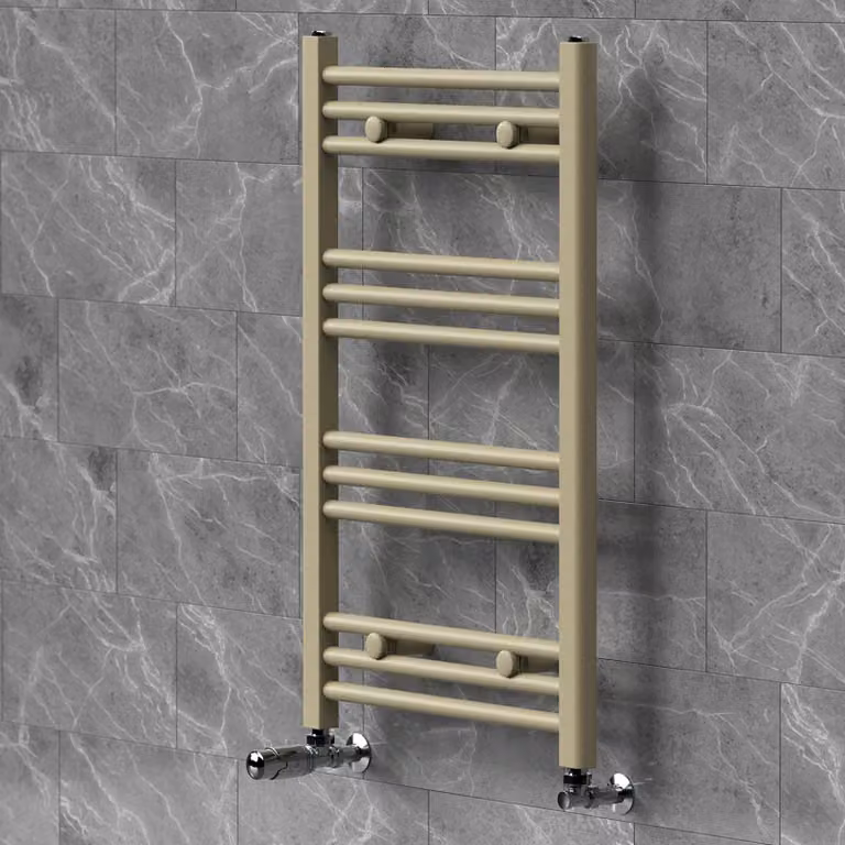 Riscaldatore asciugamani LuxeBath 500x800 mm, radiatore per bagno con valvola termostatica, asciugamano Sahara a parete con attacco laterale, portasciugamani, color beige