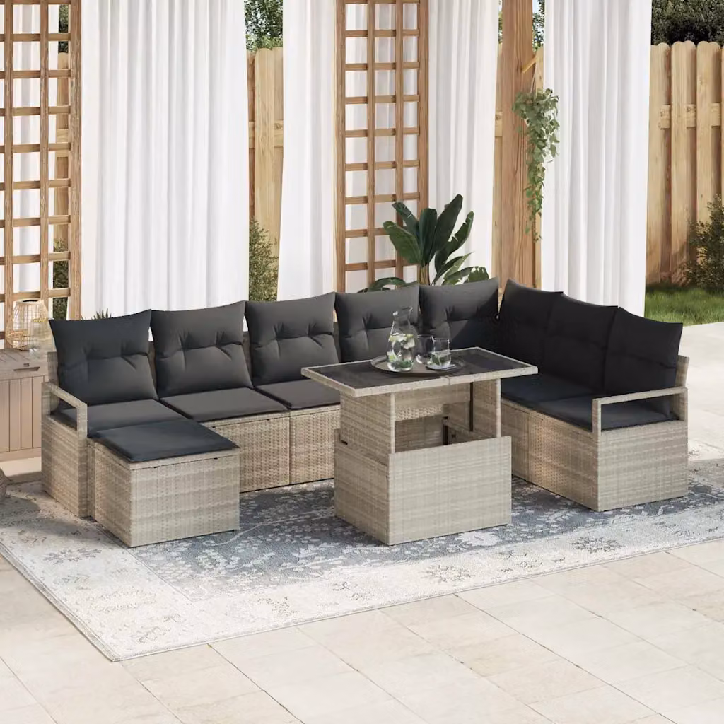 Set Divano da Giardino vidaXL 9 pz Grigio con Cuscini e Tavolino in Polyrattan e Metallo – 1