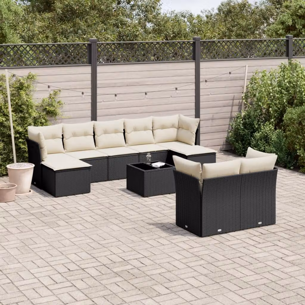 Set di Divani da Giardino a Forma di U vidaXL in Polyrattan Nero con Cuscini e Tavolino da Esterno – 1