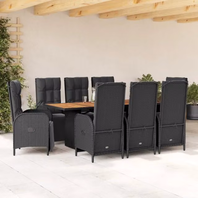 Set da pranzo da giardino vidaXL in legno di acacia e polyrattan nero con 9 pezzi